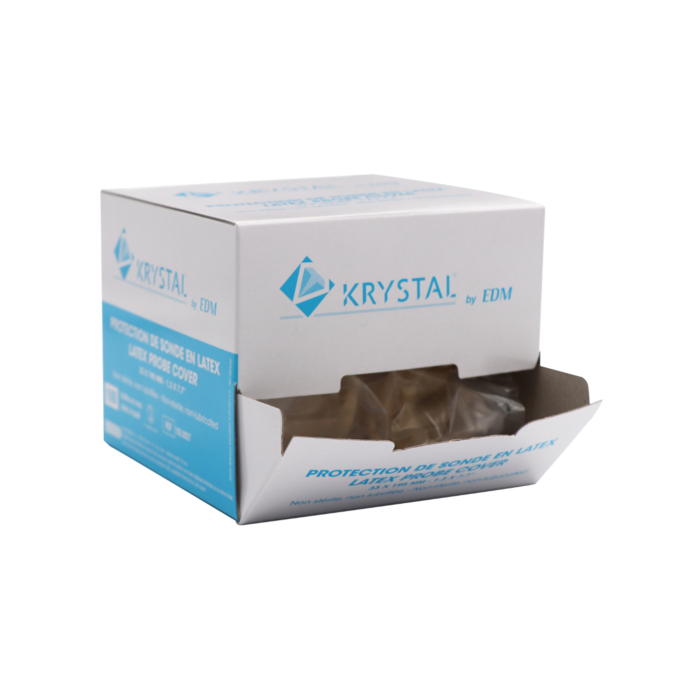 Boîte distributrice ouverte de protections KRYSTAL en latex pour sondes endocavitaires présentées en vrac