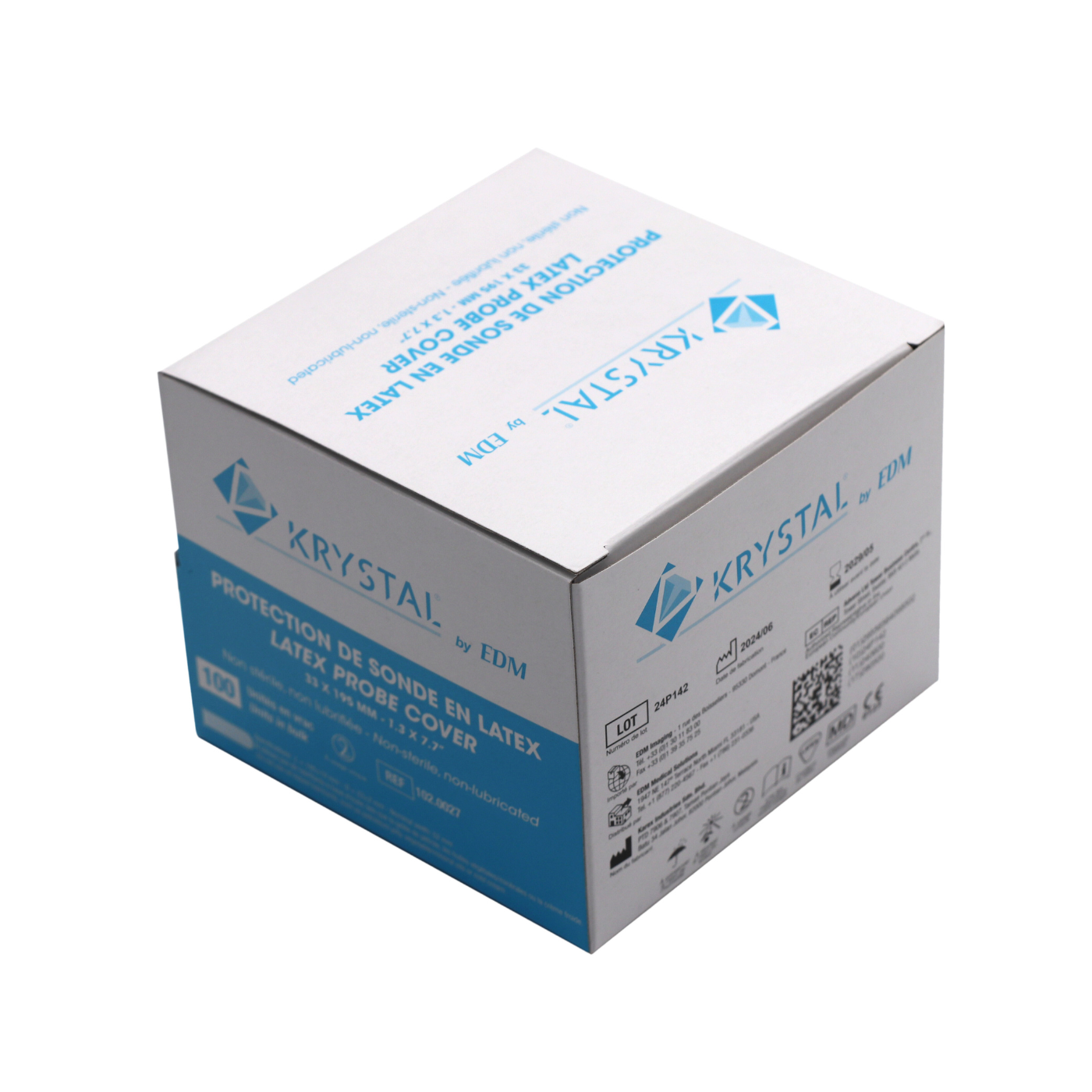 Boîte distributrice fermée de protections KRYSTAL en latex pour sondes endocavitaires présentées en vrac - vue de haut