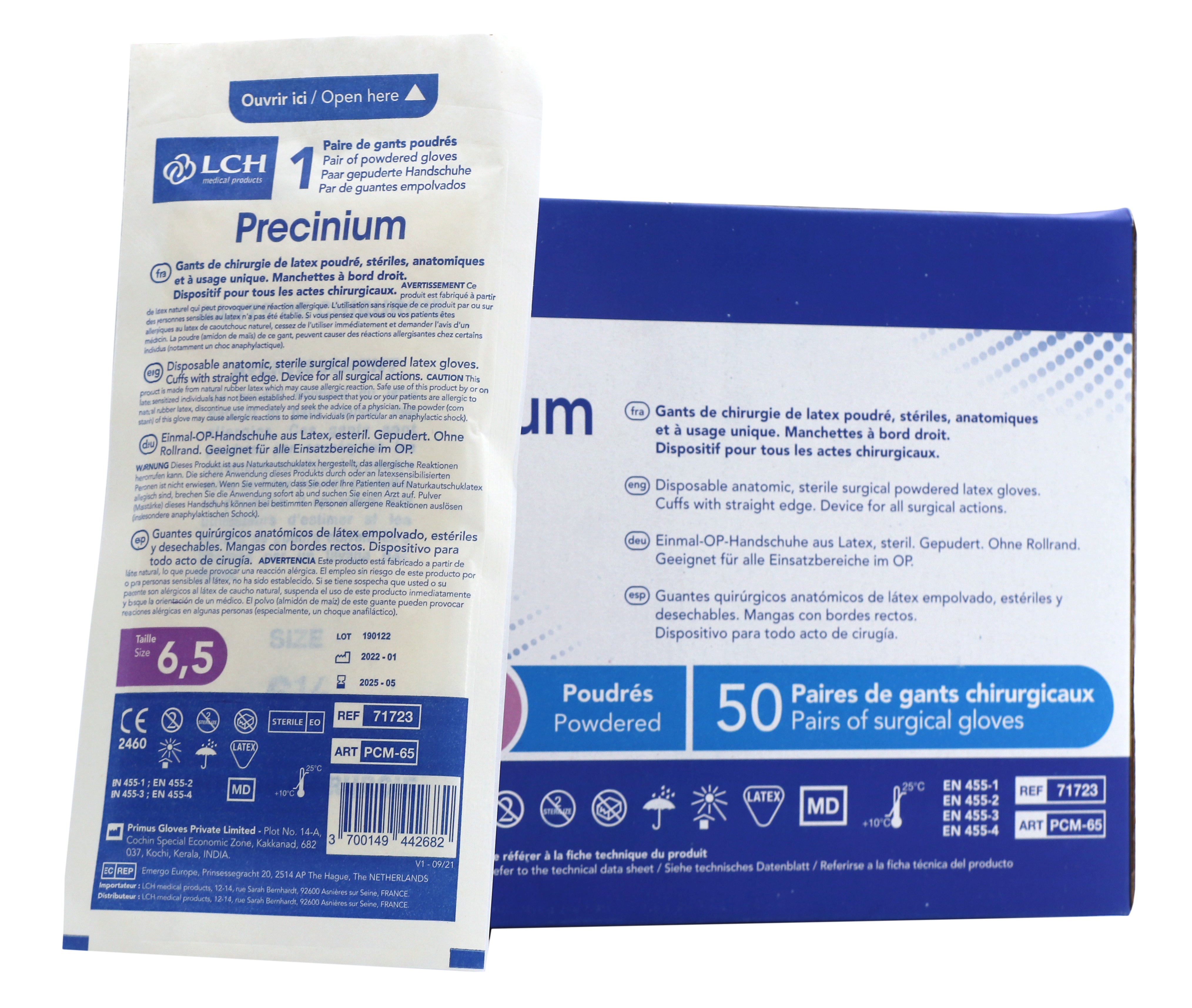 Sachet individuel et boîte de gants chirurgicaux stériles en latex poudrés LCH Precinium taille 6,5.