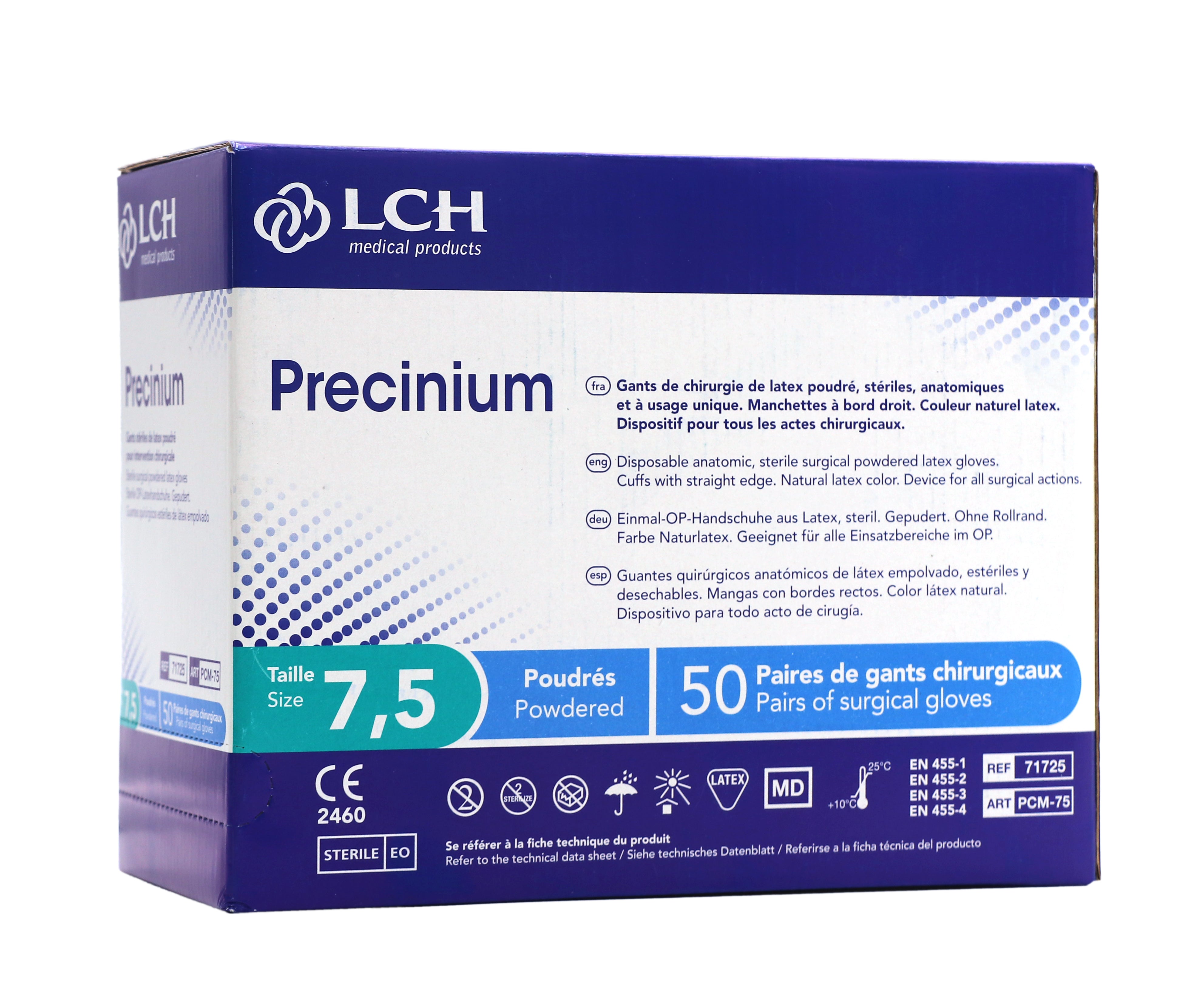 Boîte de gants chirurgicaux stériles en latex poudrés LCH Precinium taille 7,5 vue de face.