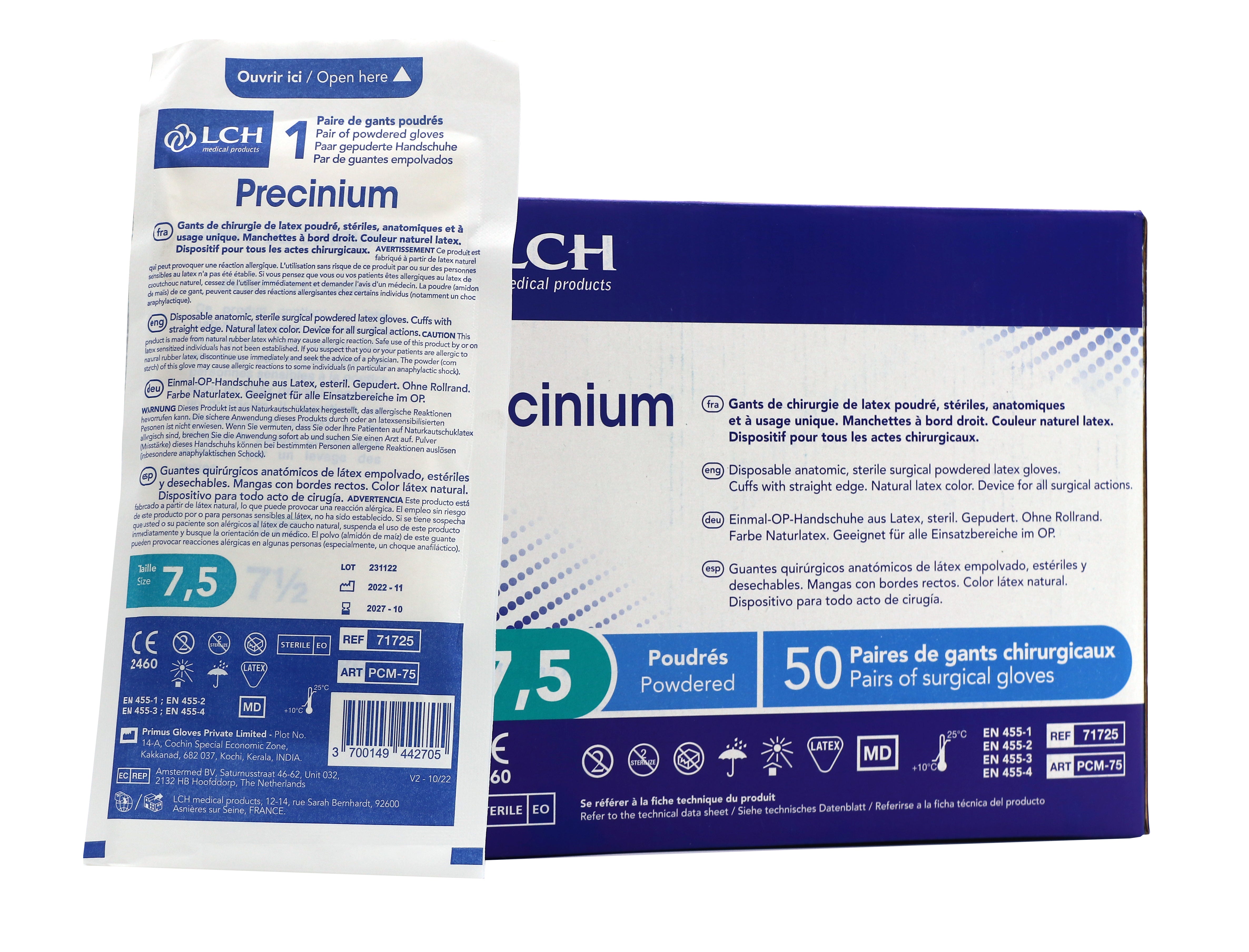 Sachet individuel et boîte de gants chirurgicaux stériles en latex poudrés LCH Precinium taille 7,5.