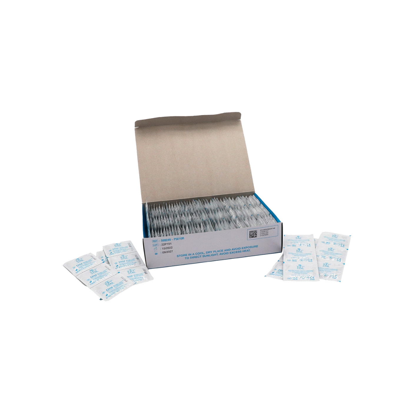 Boîte ouverte de 144 protections de sonde endocavitaire latex KRYSTAL COVER lubrifiées