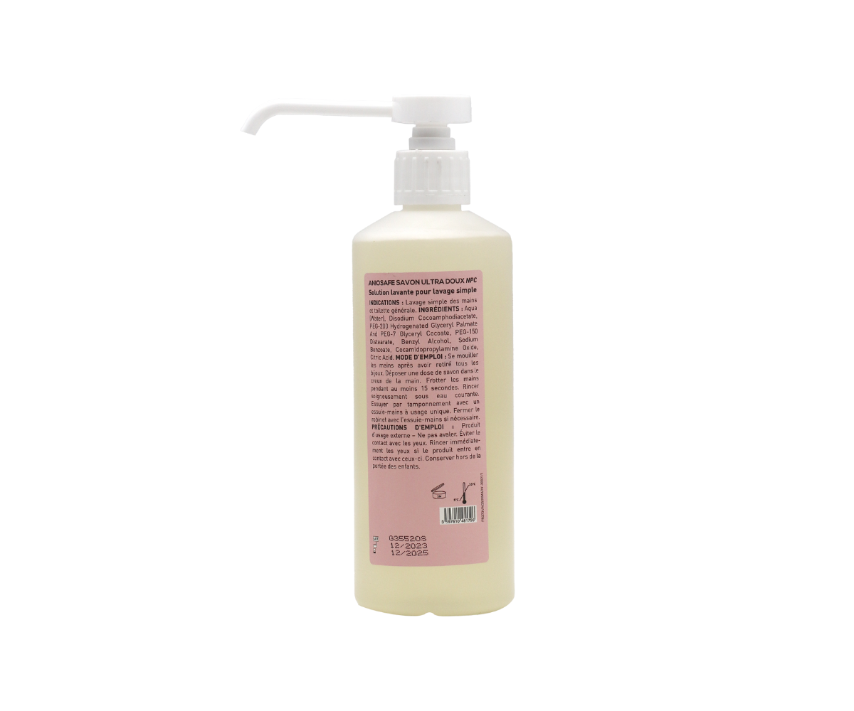 Flacon pompe de 500 ml de Savon Ultra Doux ANIOSAFE – de dos