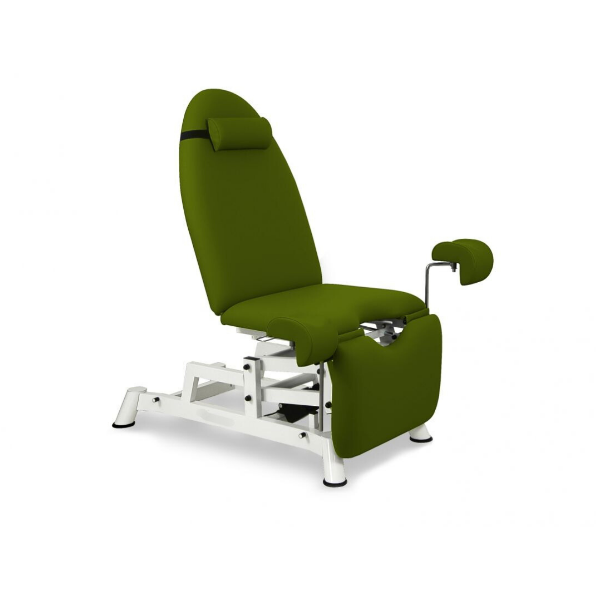 Divan gynécologique électrique en position assise avec dossier relevé et jambières gynécologiques