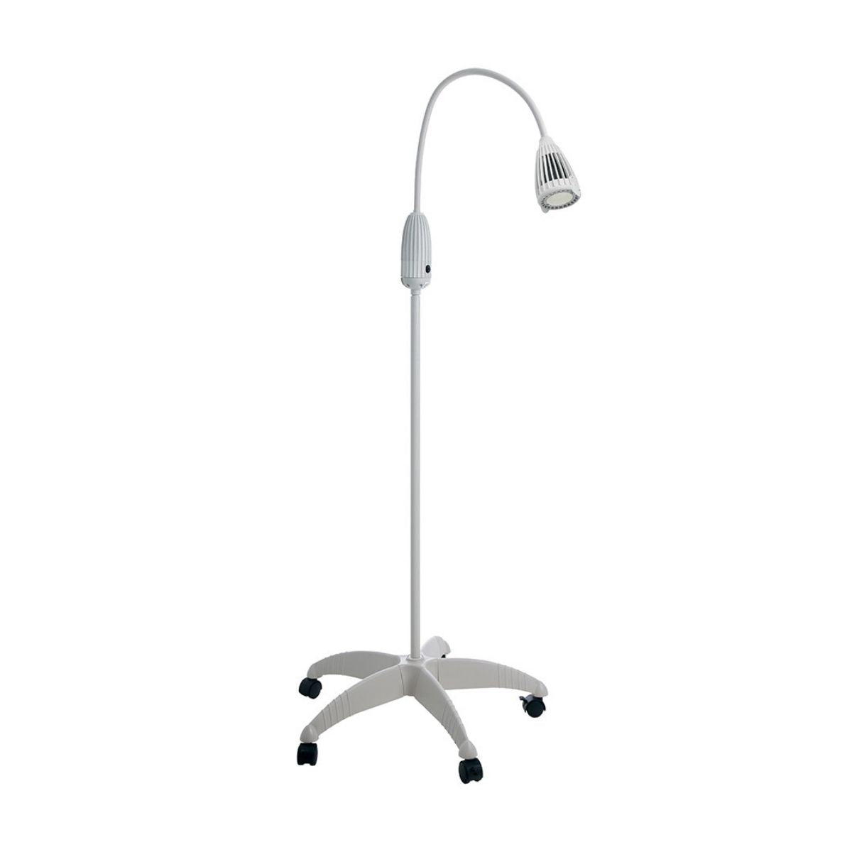 Lampe d’examen Luxiflex LED 8 W sur pied à roulettes avec bras flexible orientable, coloris blanc.