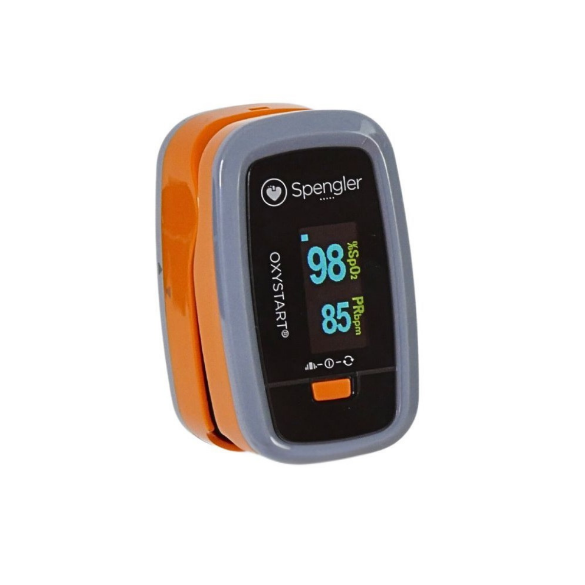 Oxymètre de doigt affichant la SpO₂ et la fréquence cardiaque, capteur optique haute sensibilité, vue de face.