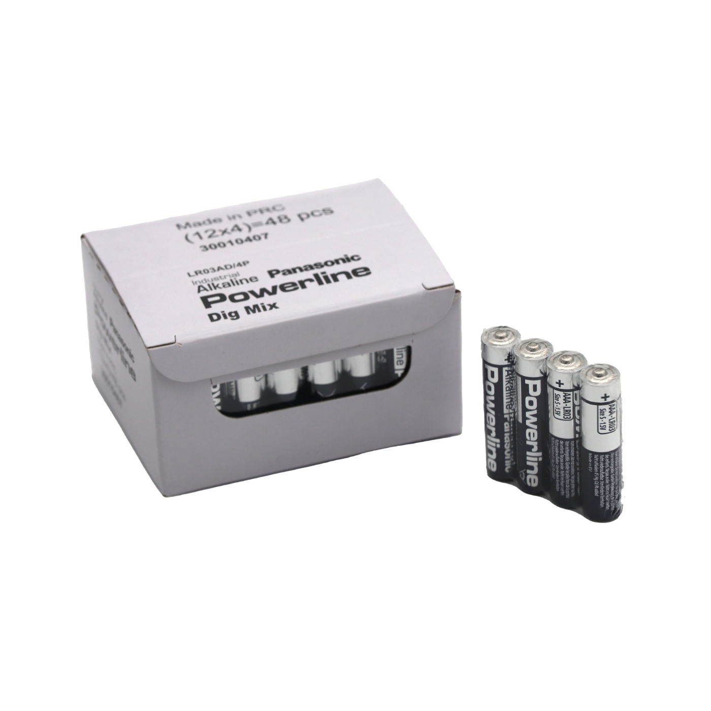 1 blister de 4 piles Alcaline devant 1 carton de 12 blisters