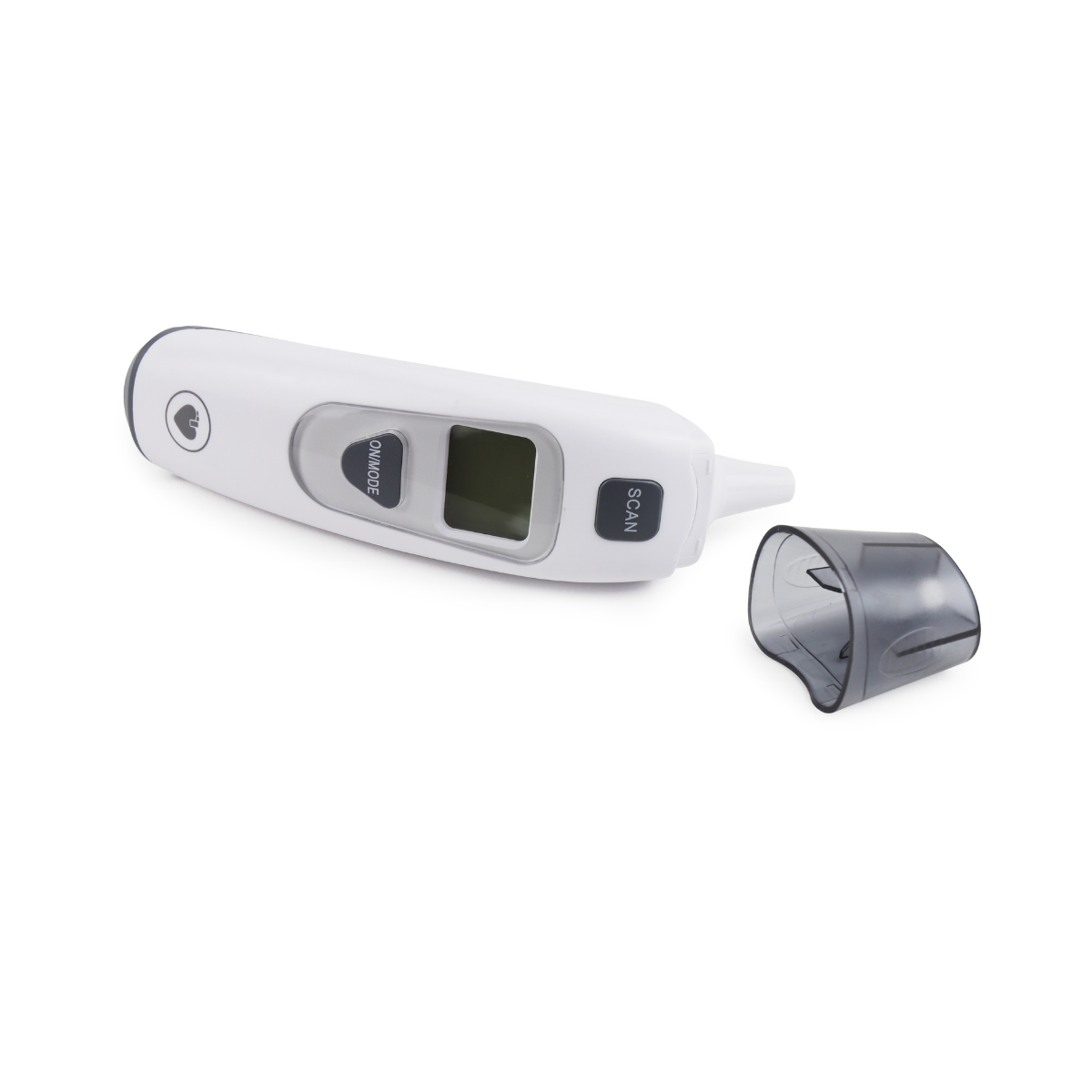 Thermomètre frontal et auriculaire EDMSP3105 avec capuchon de protection retiré, vue latérale montrant l’écran et la sonde auriculaire.