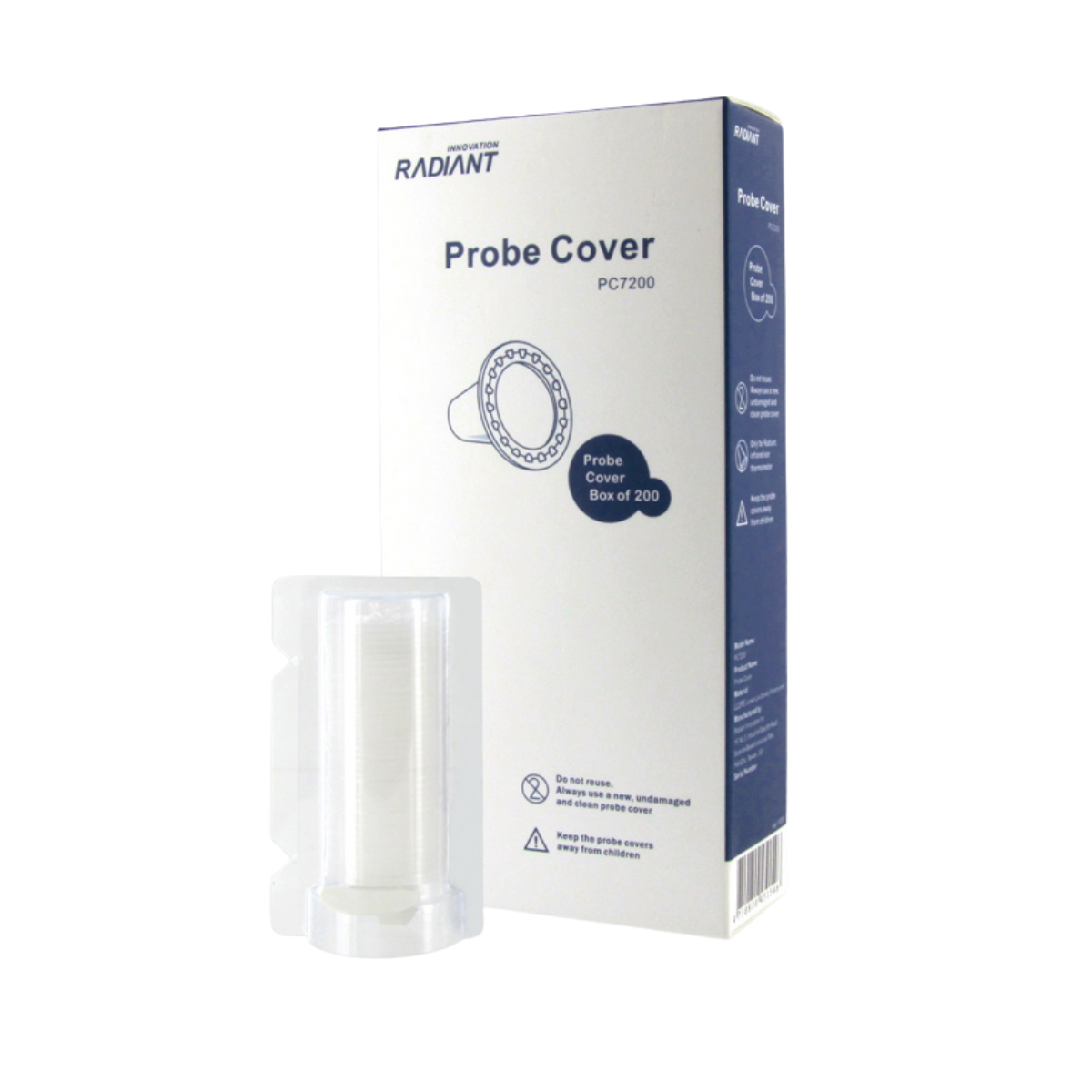 Boîte de 200 couvre-sondes auriculaires jetables EDMCRAPC7200, avec distributeur plastique de recharges pour thermomètre auriculaire.