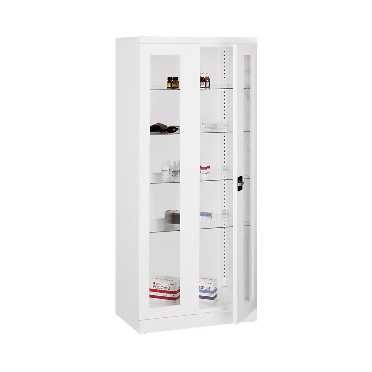 Armoire à pharmacie médicale blanche à 2 portes vitrées avec étagères en verre