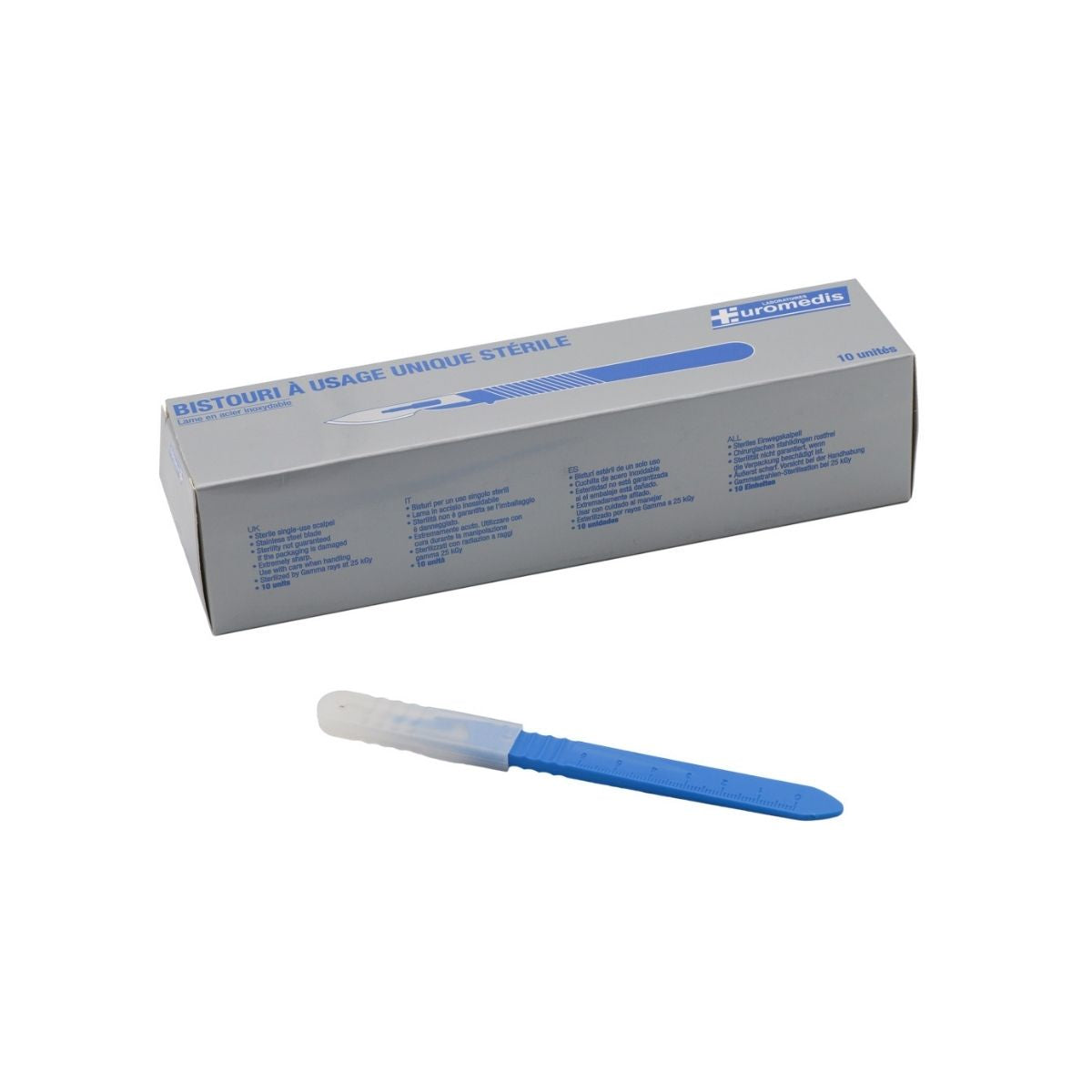 Boîte de 10 bistouris stériles à usage unique Euromedis et bistouri avec capuchon protecteur, manche gradué.