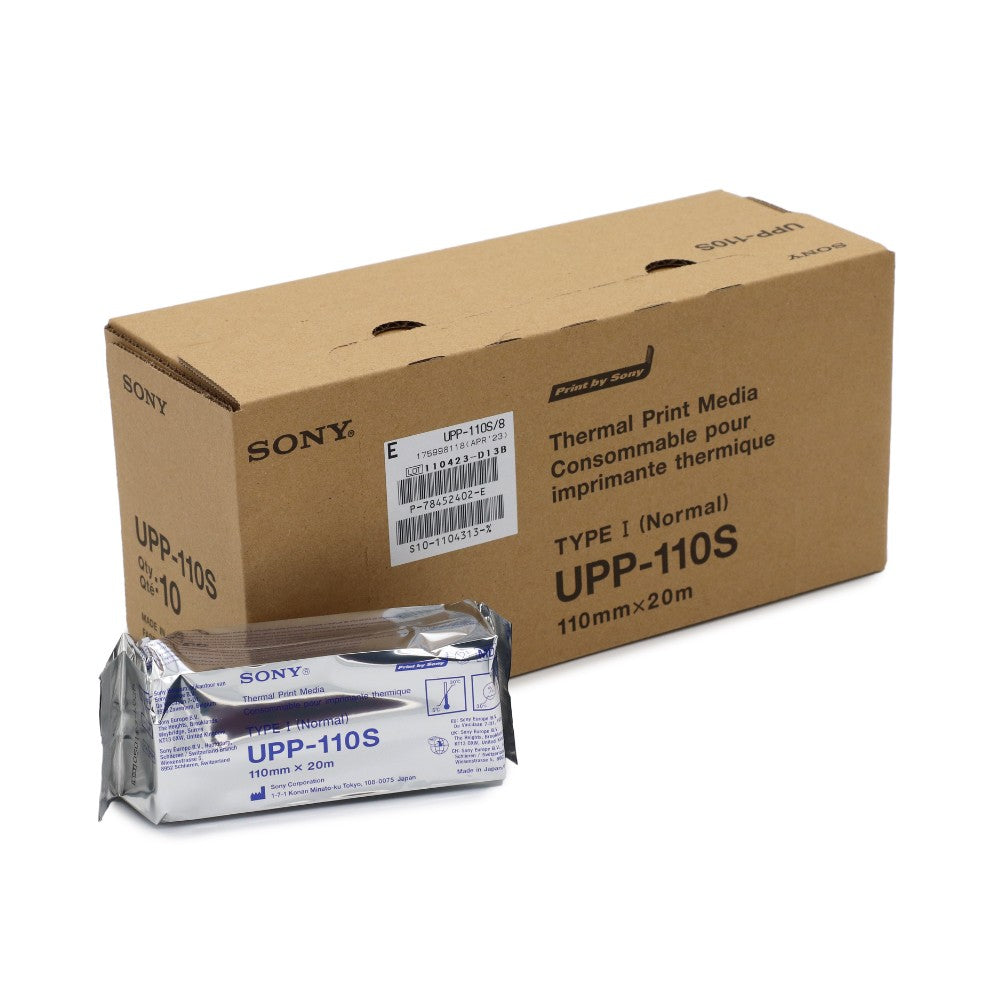 1 rouleau de papier Sony UPP-110S devant une boîte de 10 rouleaux.