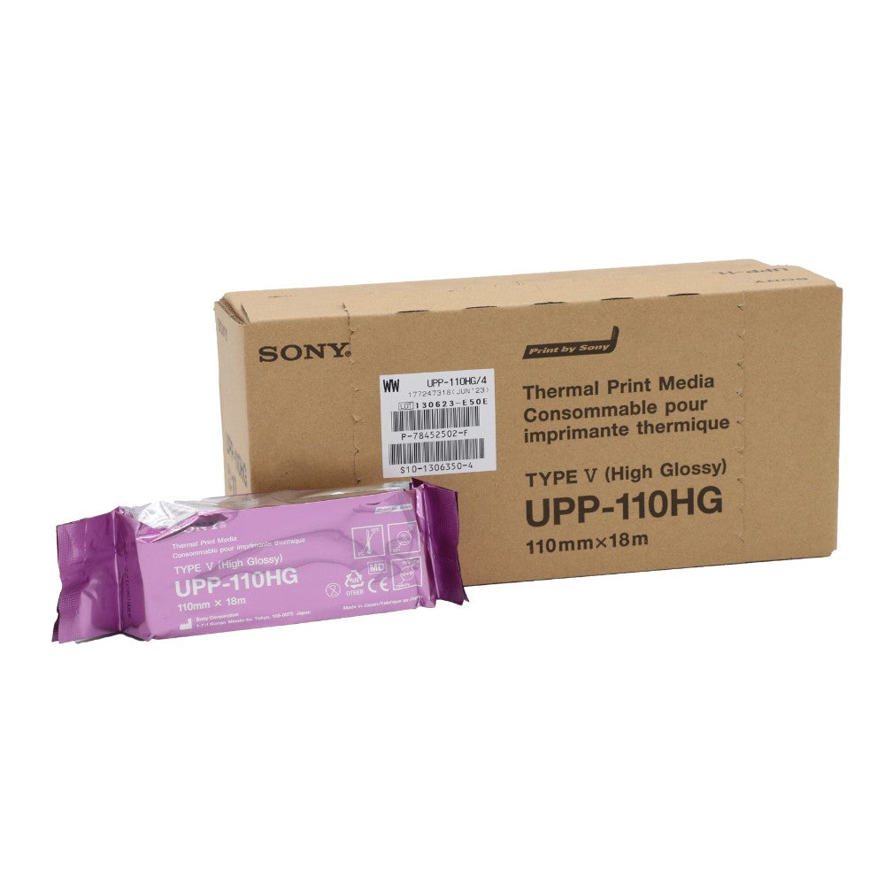 1 rouleau de papier Sony UPP-110HG devant une boîte de 10 rouleaux.