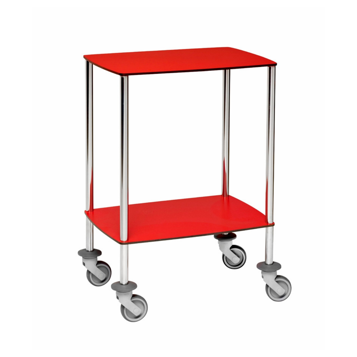 Guéridon compact médical deux plateaux en résine composite rouge avec roulettes