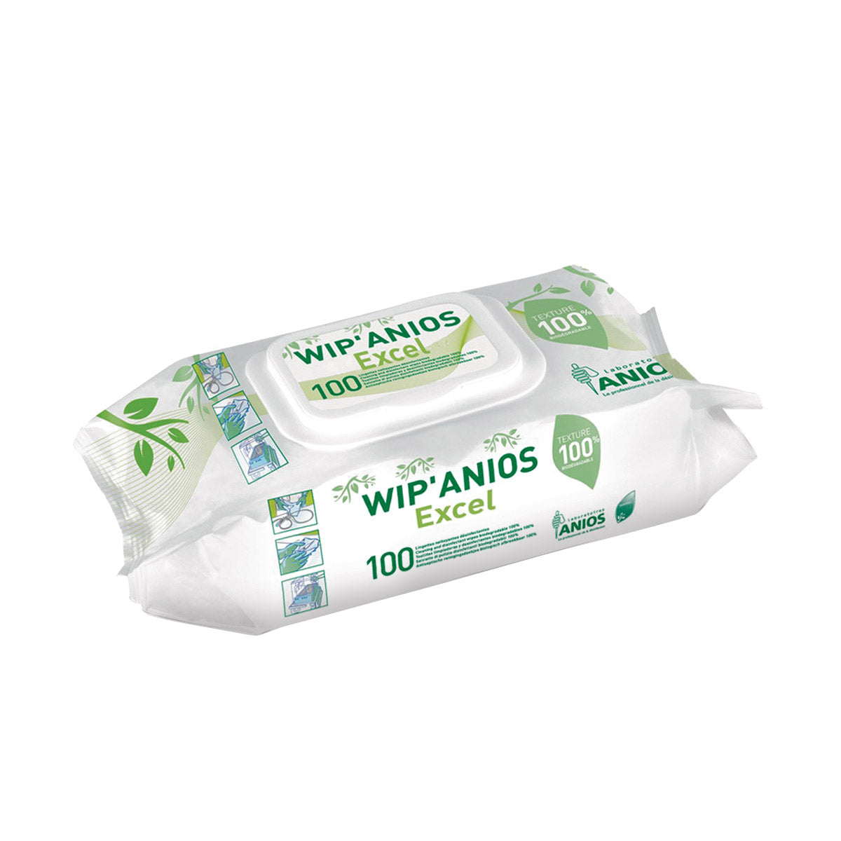Boîte distributrice de 100 lingettes nettoyantes et désinfectantes en viscose biodégradable, format 180 x 200 mm