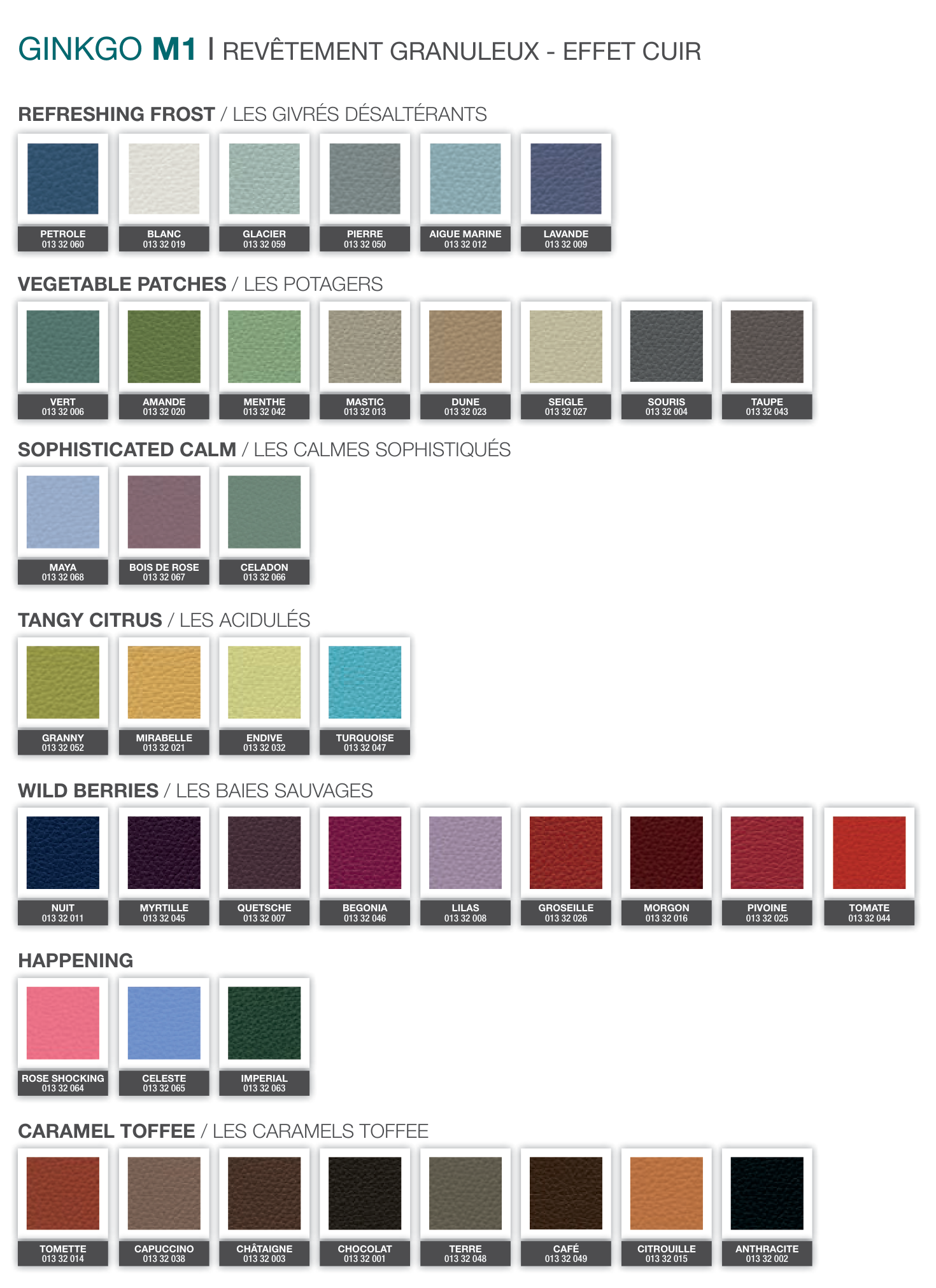 Nuancier sellerie Ginkgo M1 - revetement granuleux effet cuir, 42 coloris