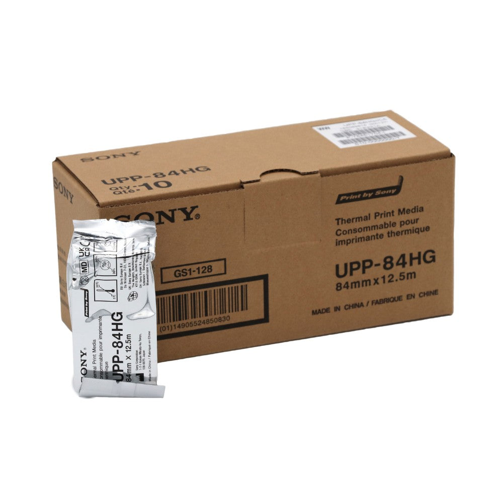 1 rouleau de papier Sony UPP-84HG devant une boîte de 10 rouleaux.