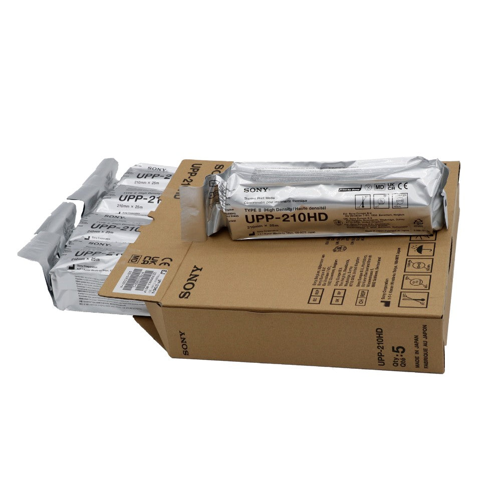 1 rouleau de papier Sony UPP-210HD devant une boîte ouverte de 5 rouleaux.