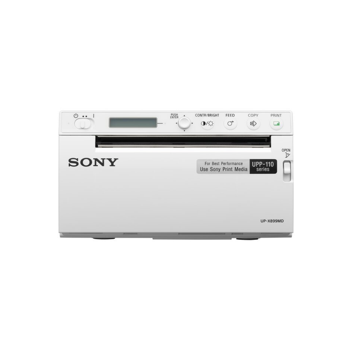 Imprimante médicale Sony UP-X899MD vue de face, panneau de commande et fente de sortie papier.
