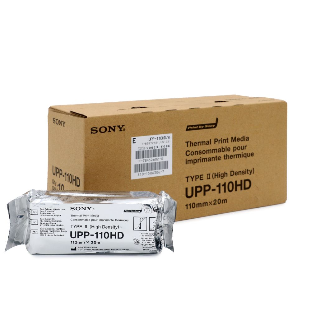 1 rouleau de papier Sony UPP-110HD devant une boîte de 10 rouleaux.