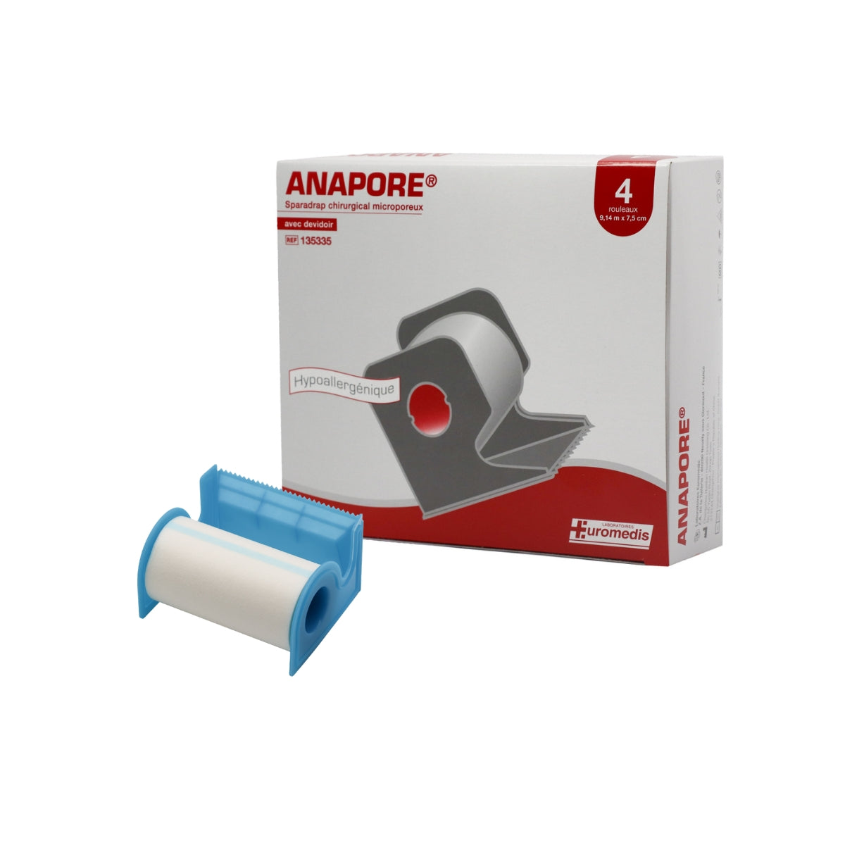 Sparadrap microporeux Anapore 9,14 m x 7,5 cm avec dévidoir – référence 135335, boîte de 4 rouleaux avec dévidoir bleu