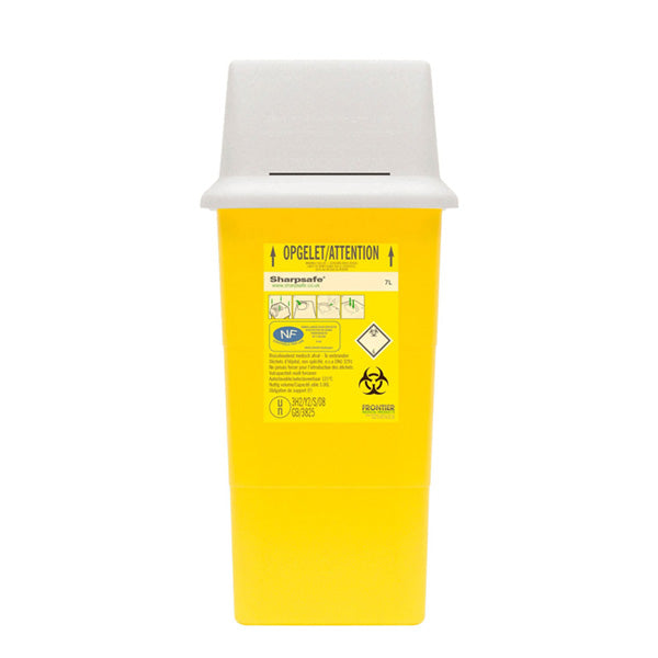 Collecteur Sharpsafe NF pour déchets perforants, polypropylène jaune, couvercle translucide, volet 2 positions, poignée ergonomique