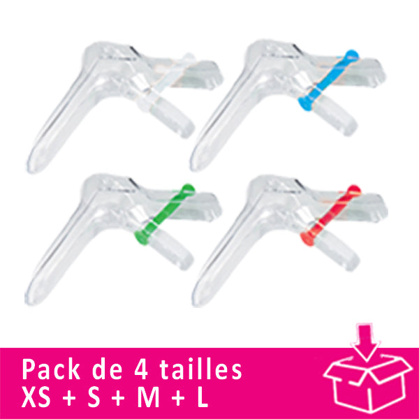 Pack de 4 tailles de spéculums Cusco stériles à usage unique - photo avec bandeau "Pack de 4 tailles XS + S + M + L"