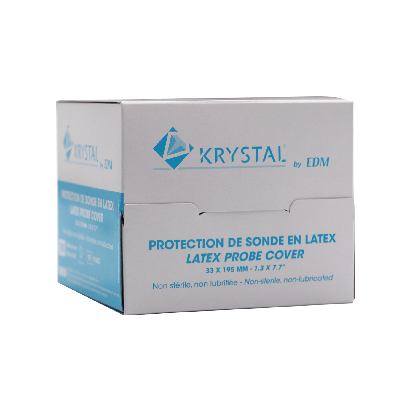 Boîte distributrice fermée de protections KRYSTAL en latex pour sondes endocavitaires présentées en vrac - vue de face