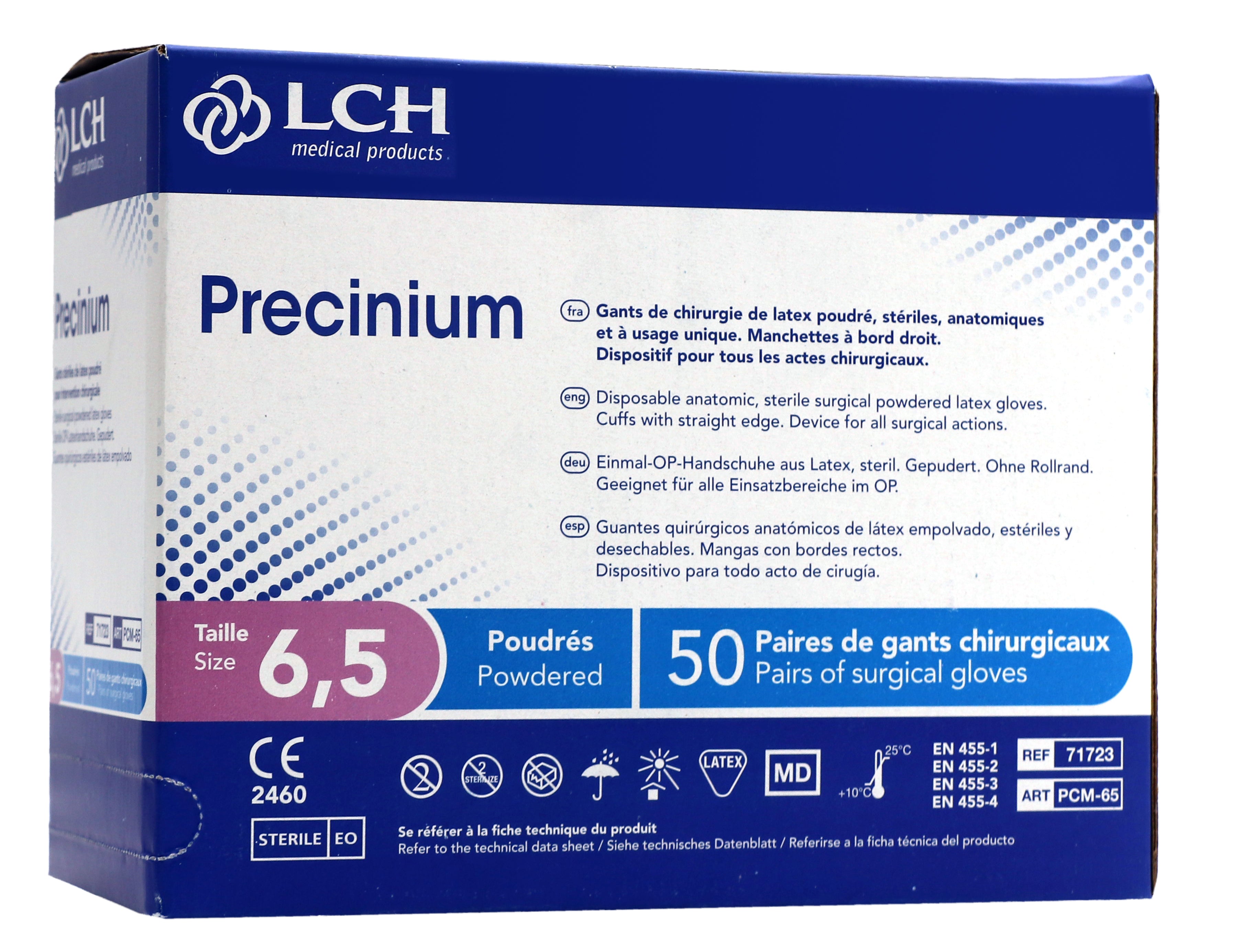 Boîte de gants chirurgicaux stériles en latex poudrés LCH Precinium taille 6,5.