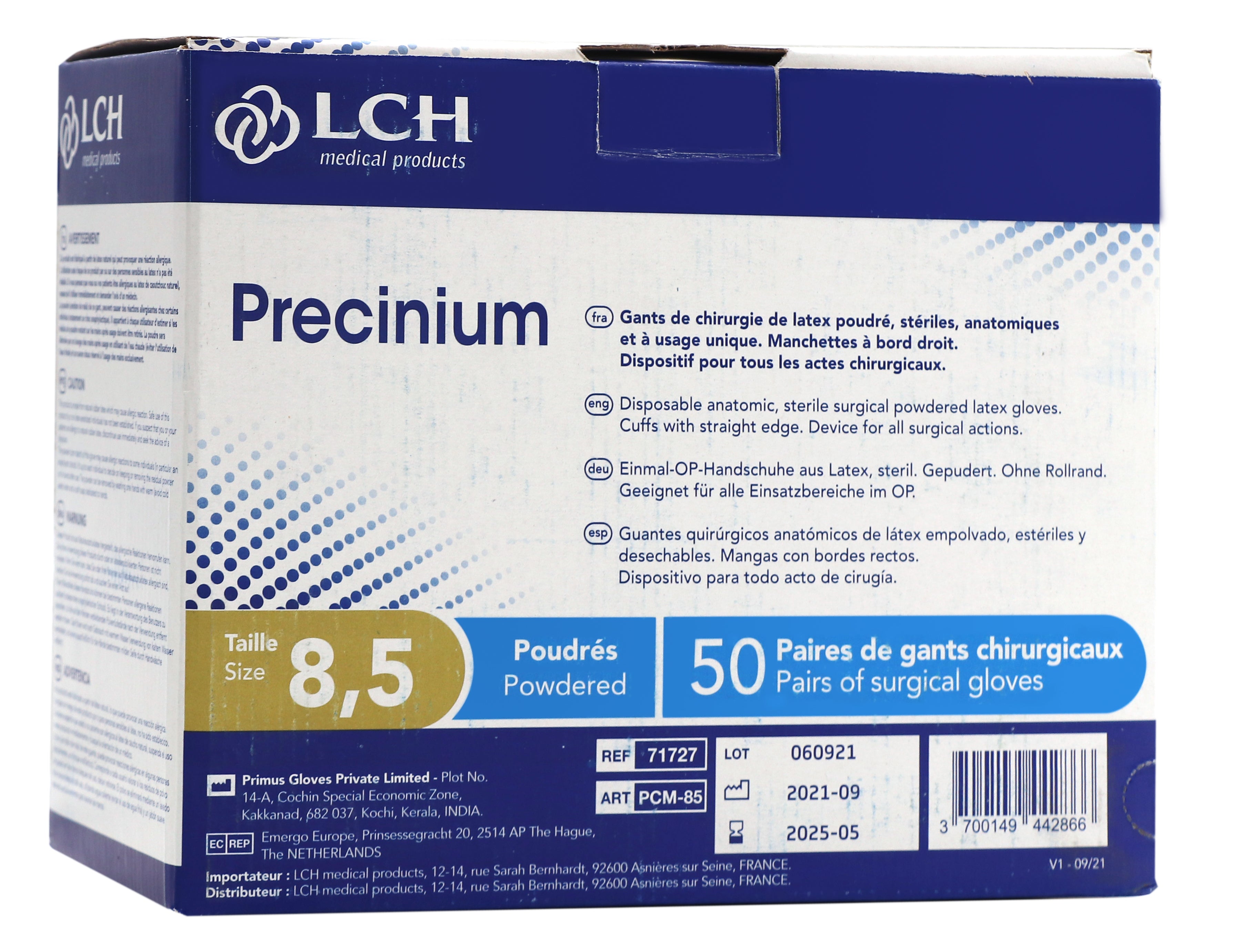 Boîte de gants chirurgicaux stériles en latex poudrés LCH Precinium taille 8,5.
