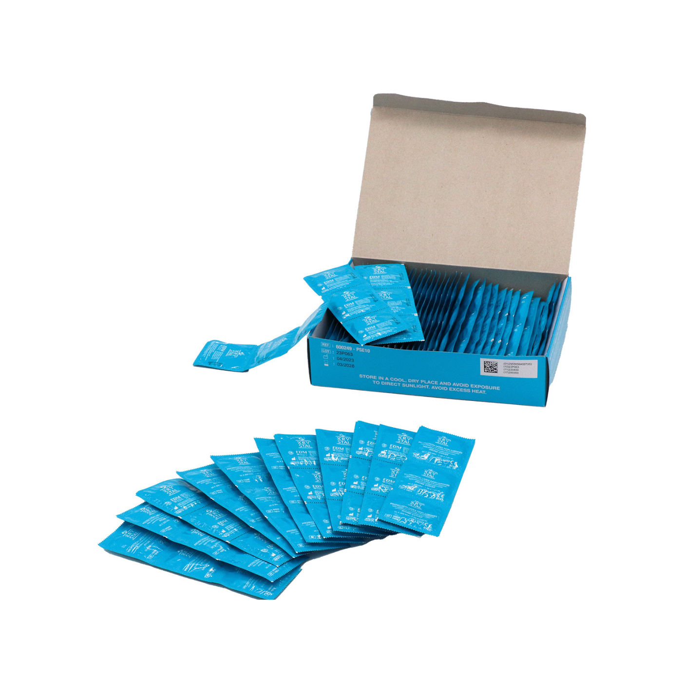 Boîte ouverte de 144 protections de sonde endocavitaire latex KRYSTAL COVER non lubrifiées