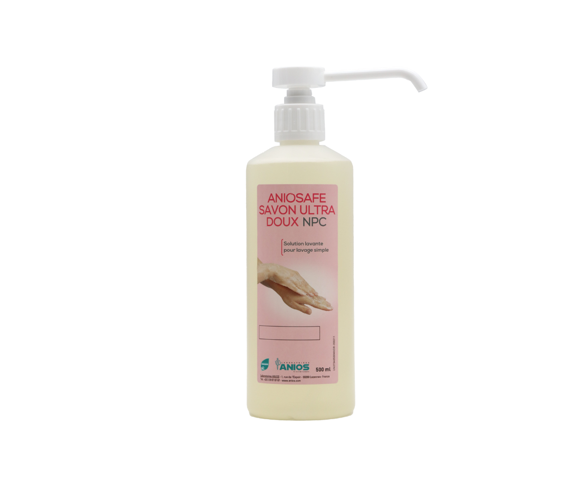 Flacon pompe de 500 ml de Savon Ultra Doux ANIOSAFE  – de face