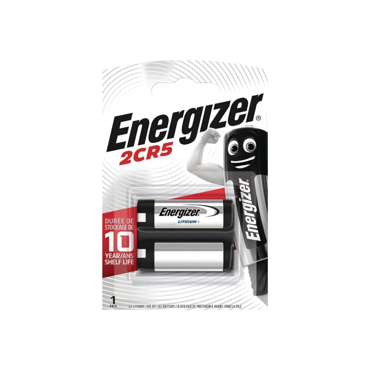 Pile lithium 2CR5 6 V Energizer en blister unitaire, vue face avec mention durée de stockage 10 ans.