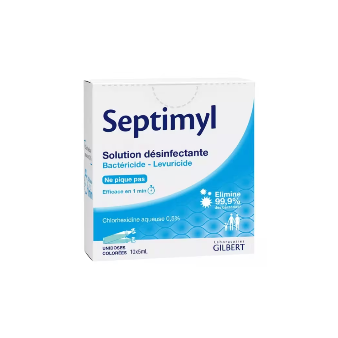 Unidose 5 mL de chlorhexidine 0,5 % Septimyl pour désinfection cutanée, boîte de 10 doses