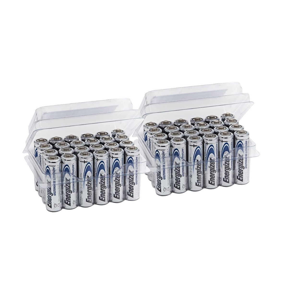 Boîte de 48 piles lithium AAA Energizer Ultimate L92 1,5 V, bacs plastiques ouverts avec piles alignées.