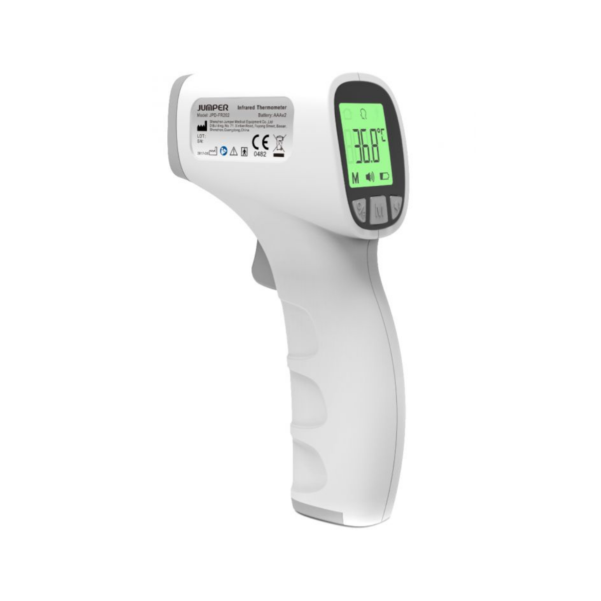 Thermomètre infrarouge sans contact affichant 36,8 °C sur son écran LCD, vue latérale, poignée ergonomique.