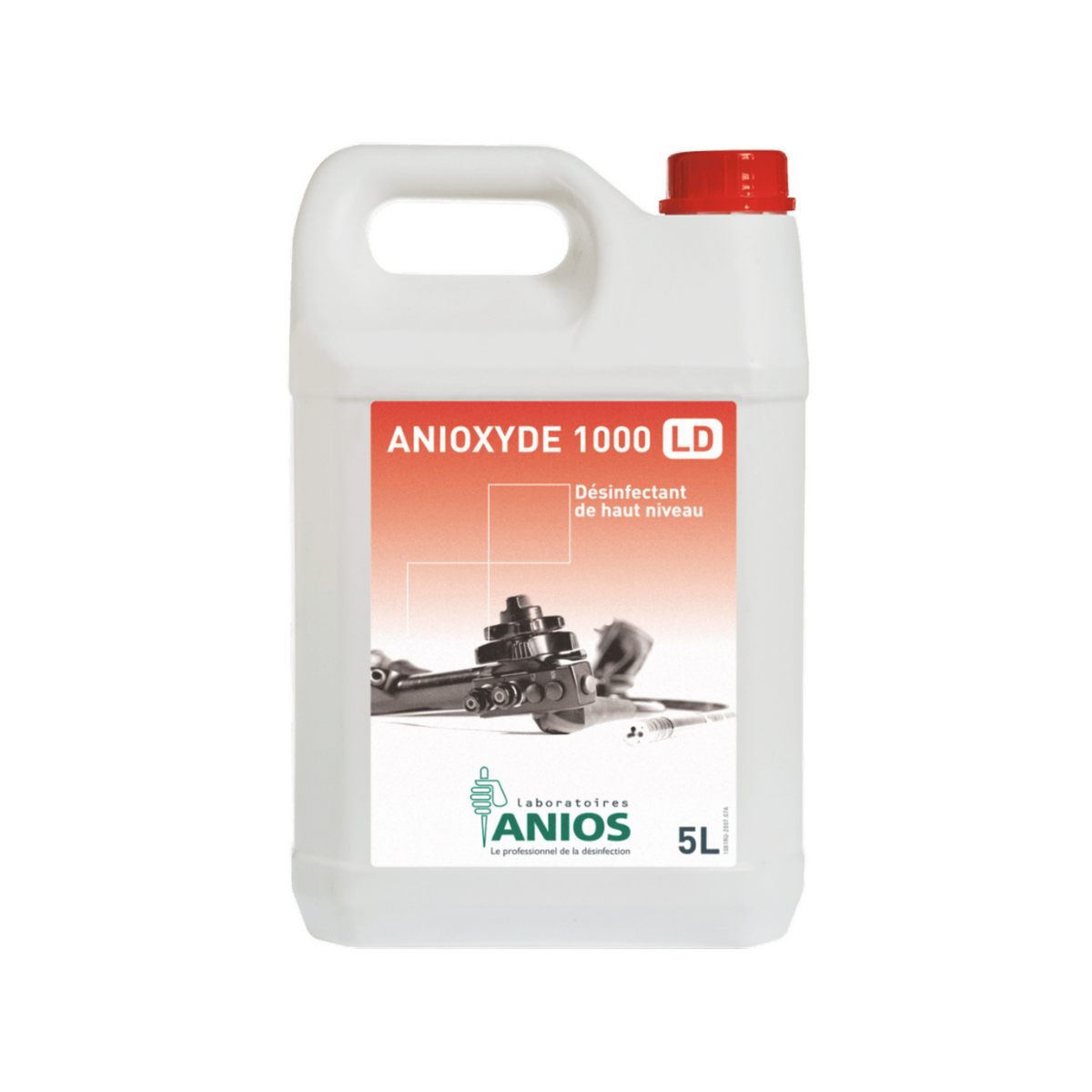 Bidon 5 L Anioxyde 1000 LD (Anios), désinfectant de haut niveau à base d’acide peracétique, pour trempage de dispositifs médicaux.