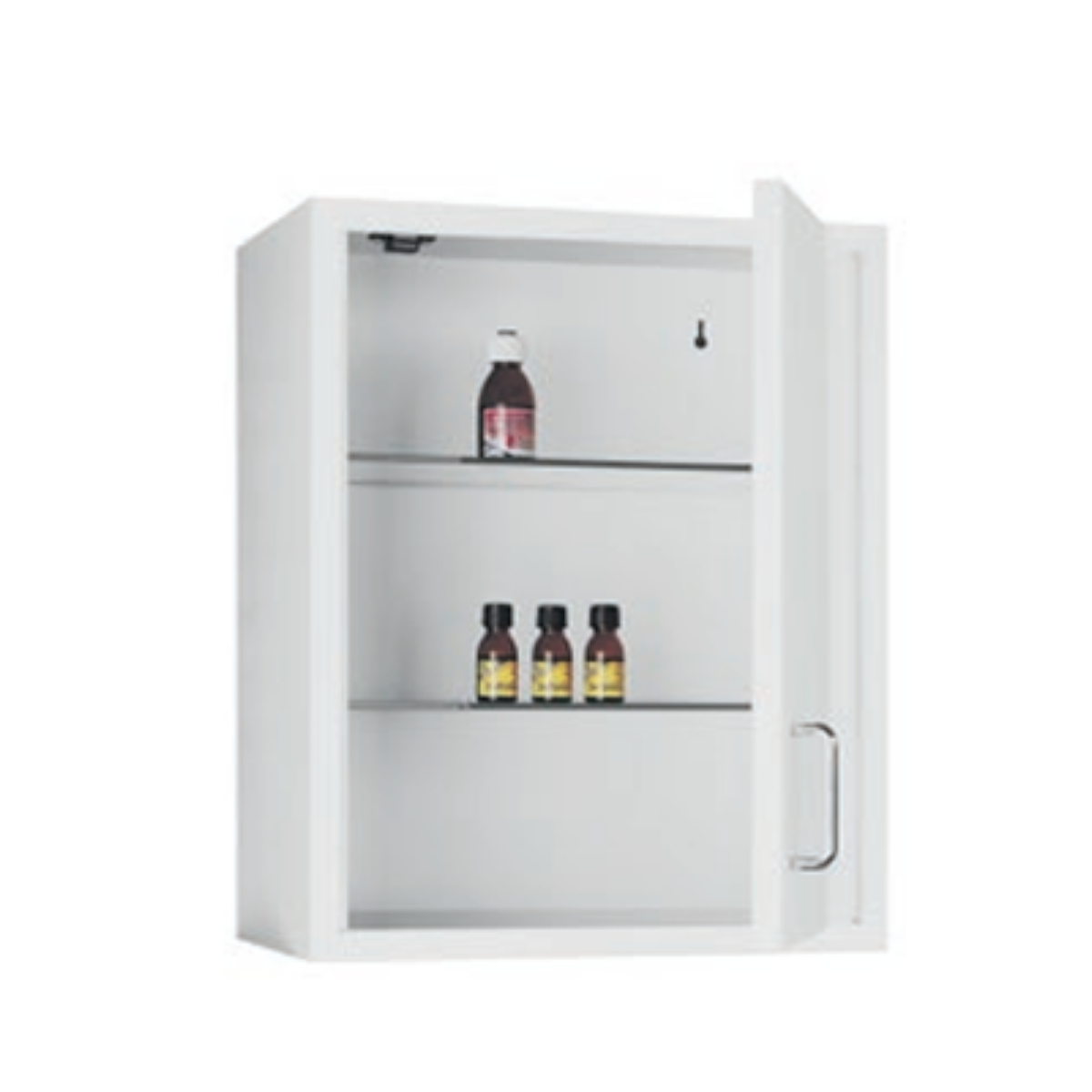 Armoire murale à pharmacie blanche avec une porte battante et étagères en verre