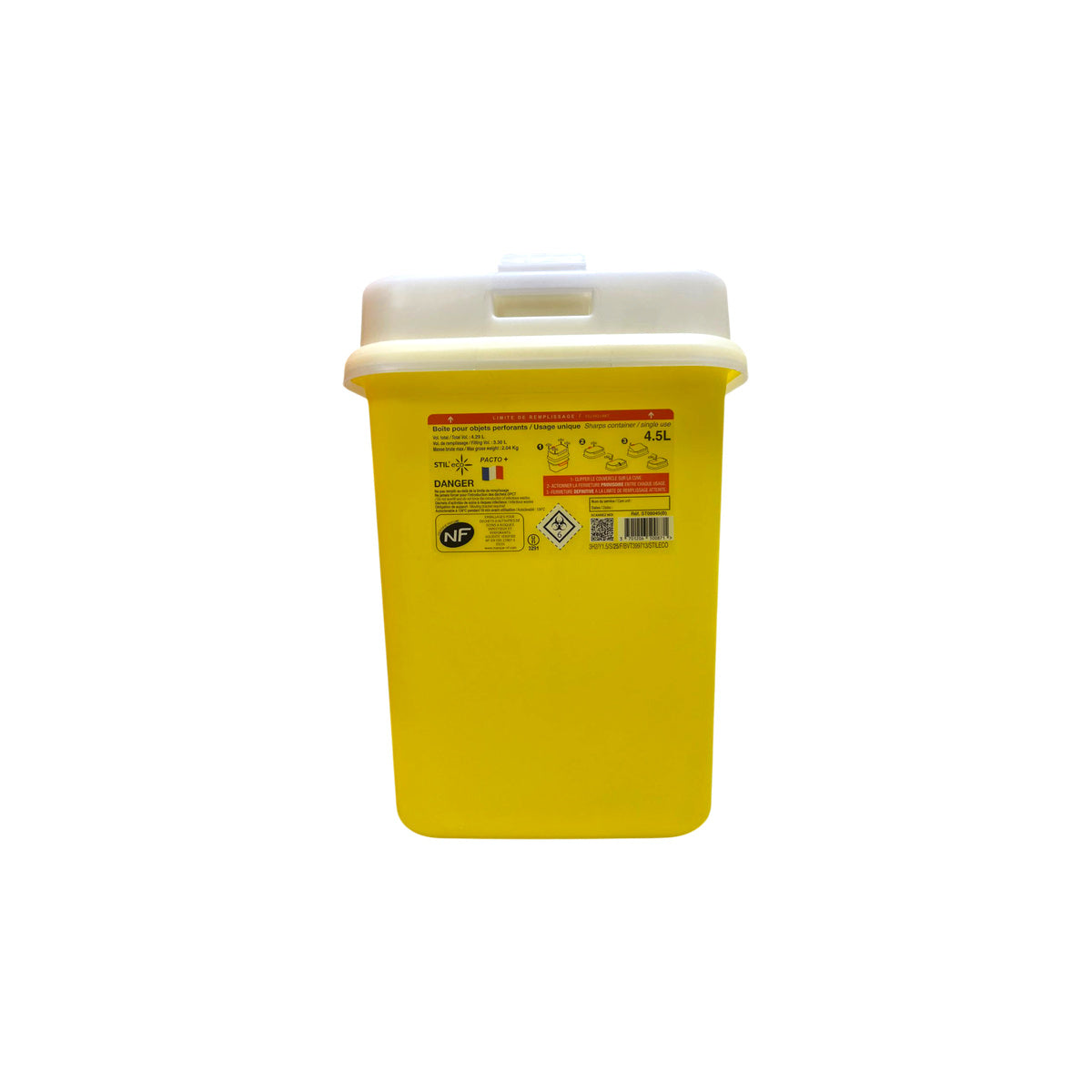 Collecteur Stil'Eco Pacto+ 4,5 L, étiquette avec limite de remplissage et étapes de fermeture