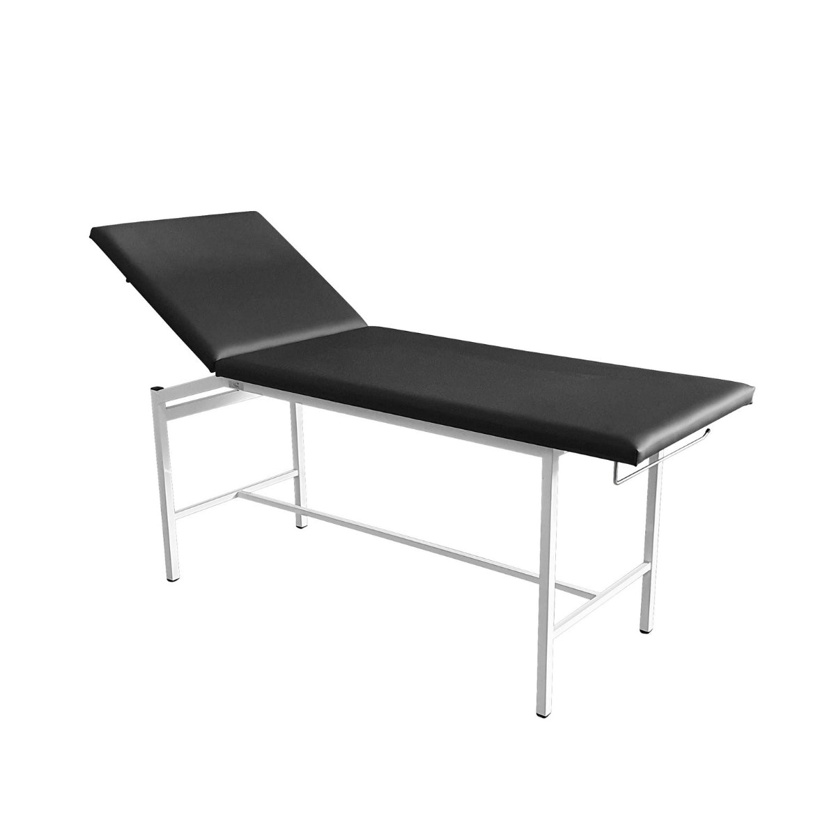 Divan d'examen ECO Monobloc avec sellerie anthracite et dossier incliné par vérin à gaz, piétement époxy blanc et porte-rouleau intégré