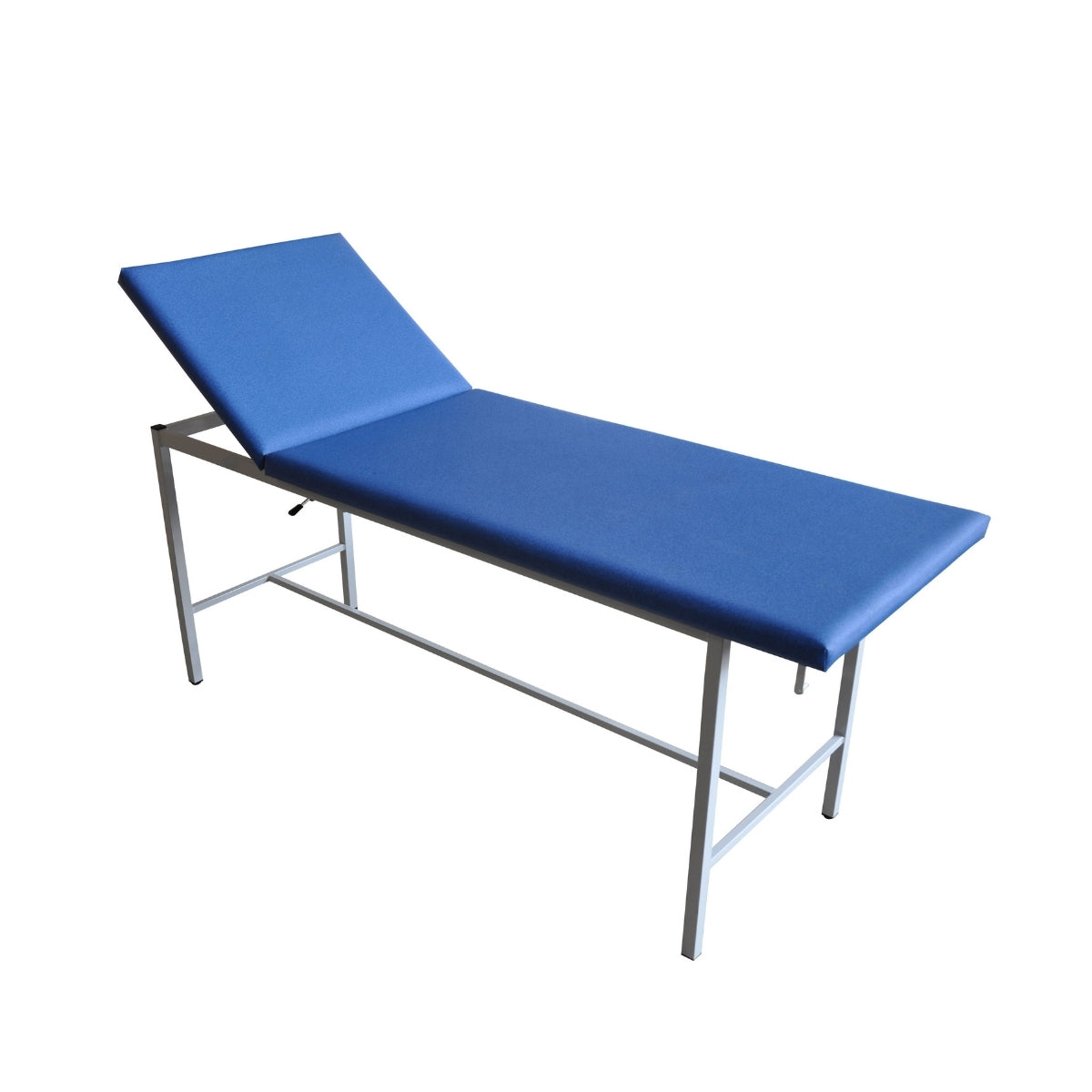 Divan d'examen ECO Monobloc avec sellerie bleue et dossier relevé en position proclive, piétement monobloc à trois entretoises