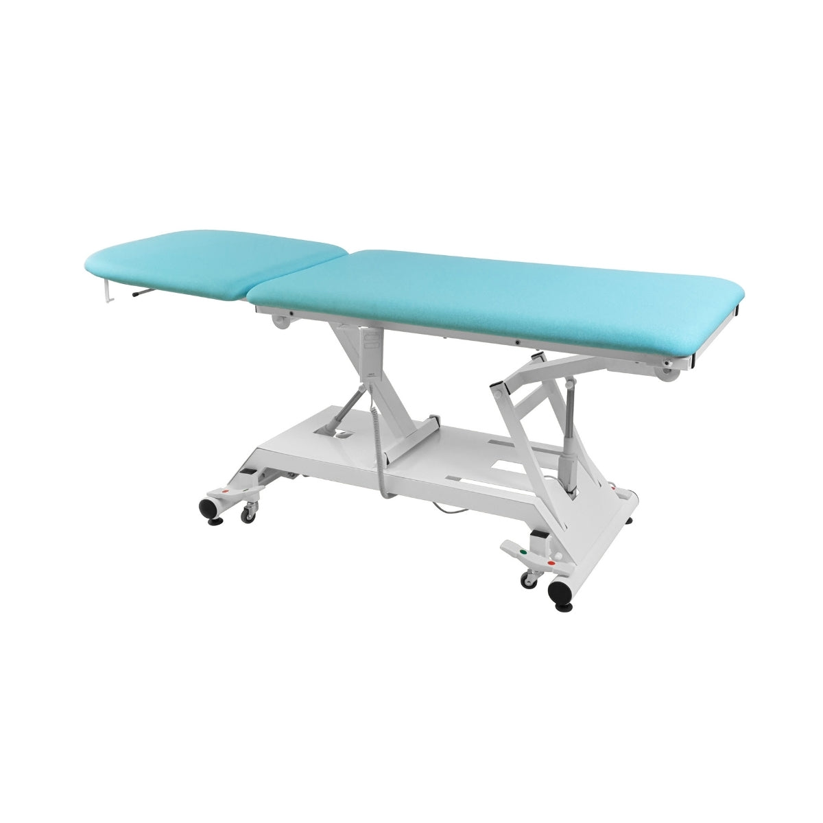 Divan d'examen électrique largeur 670 mm en position semi-assise, dossier relevé en proclive à environ 45 degrés