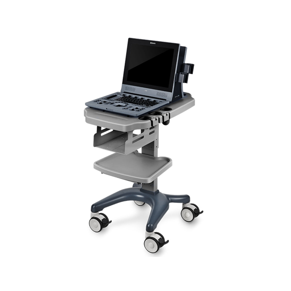 Échographe portable Edan U60 monté sur chariot mobile avec support de gel et sonde