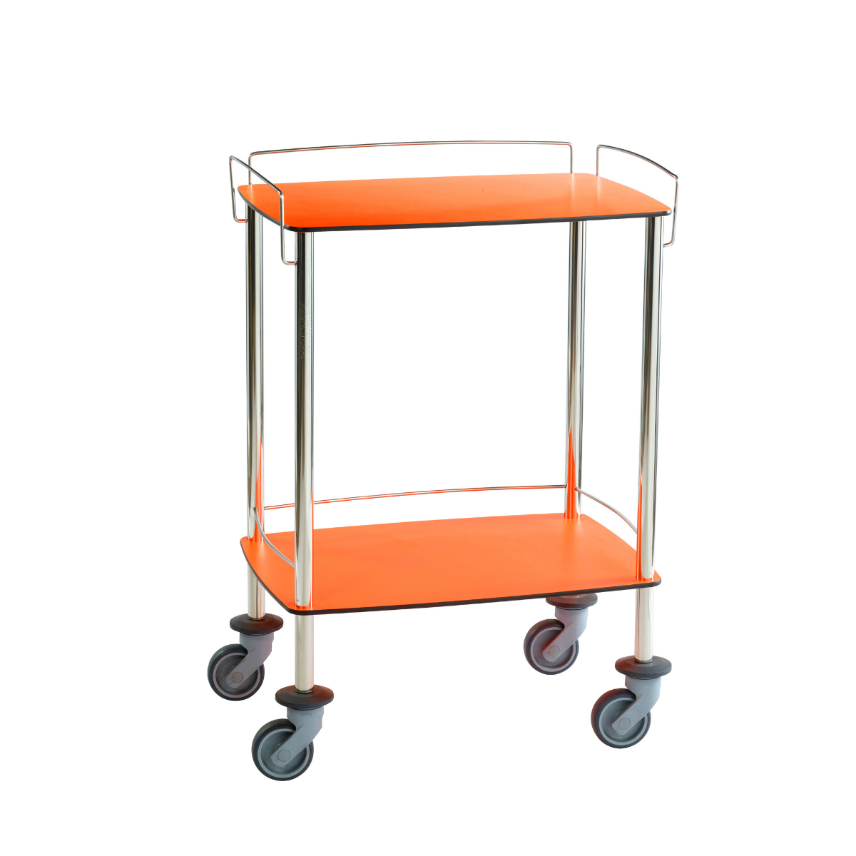 Guéridon compact médical deux plateaux en résine composite orange avec roulettes