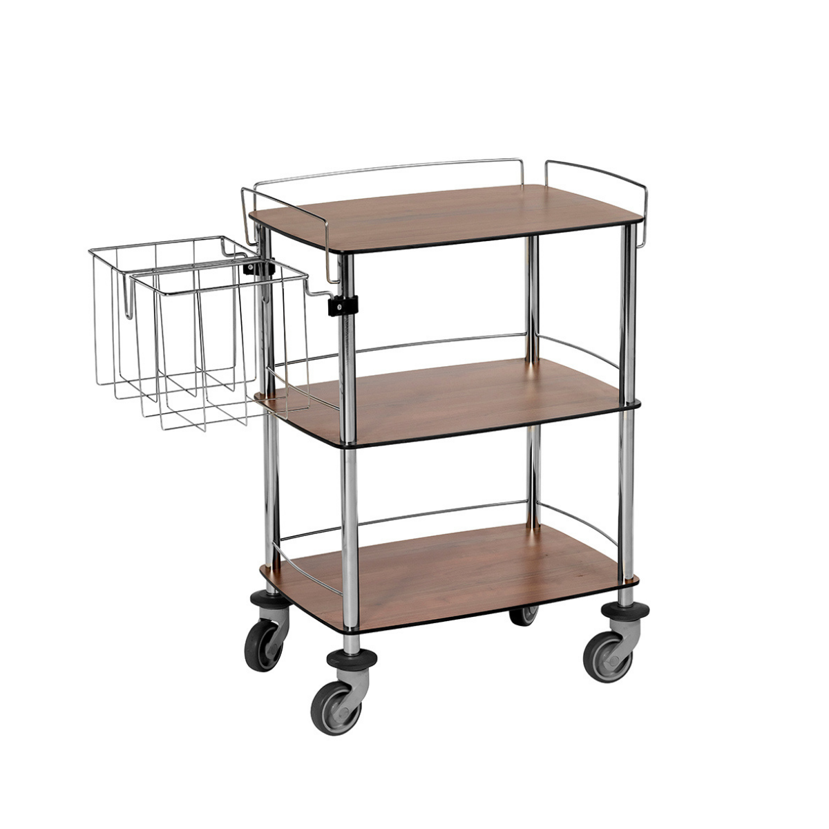 Guéridon compact médical trois plateaux en résine composite avec roulettes