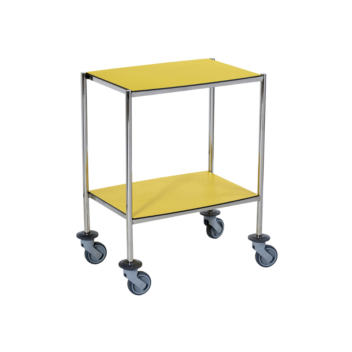 Guéridon médical deux plateaux en résine composite jaune avec structure inox et roulettes
