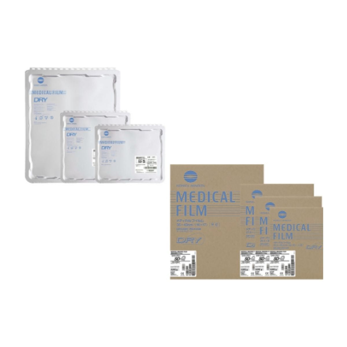 Film sec Konica Minolta MEDICAL FILM DRY : barquettes sous emballage lumiere du jour et cartons de conditionnement