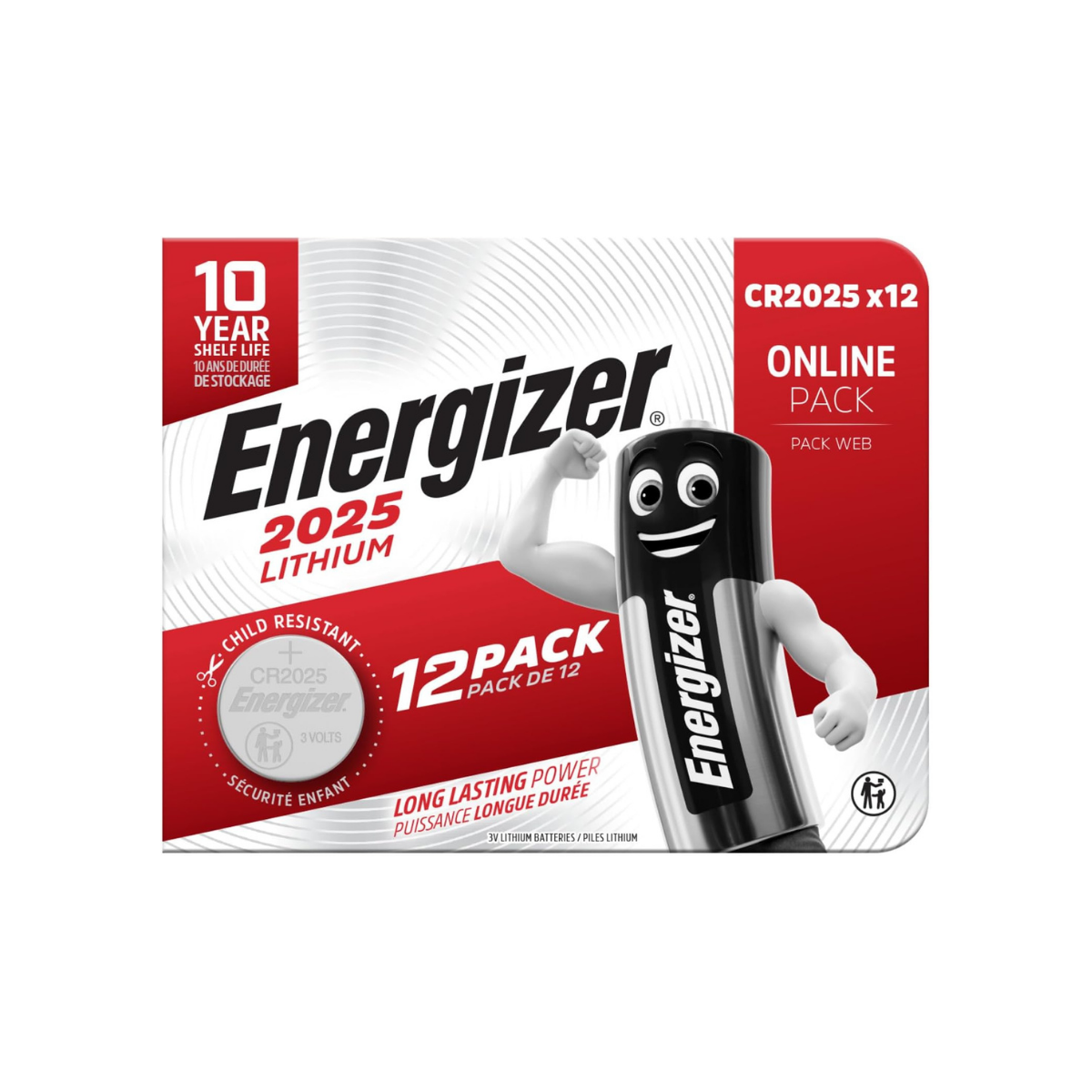 Pile bouton lithium CR2025 3V Energizer en boîte de 12 unités, pile bouton 3 volts pour appareils électroniques
