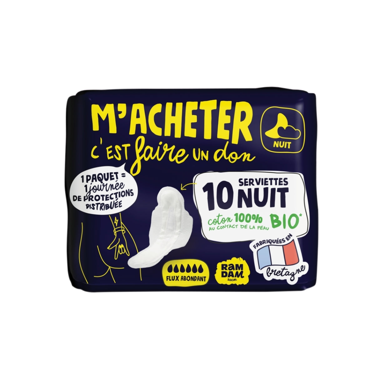 Boîte de serviettes hygiéniques coton bio nuit, ultra-absorbantes avec ailettes, flux abondant