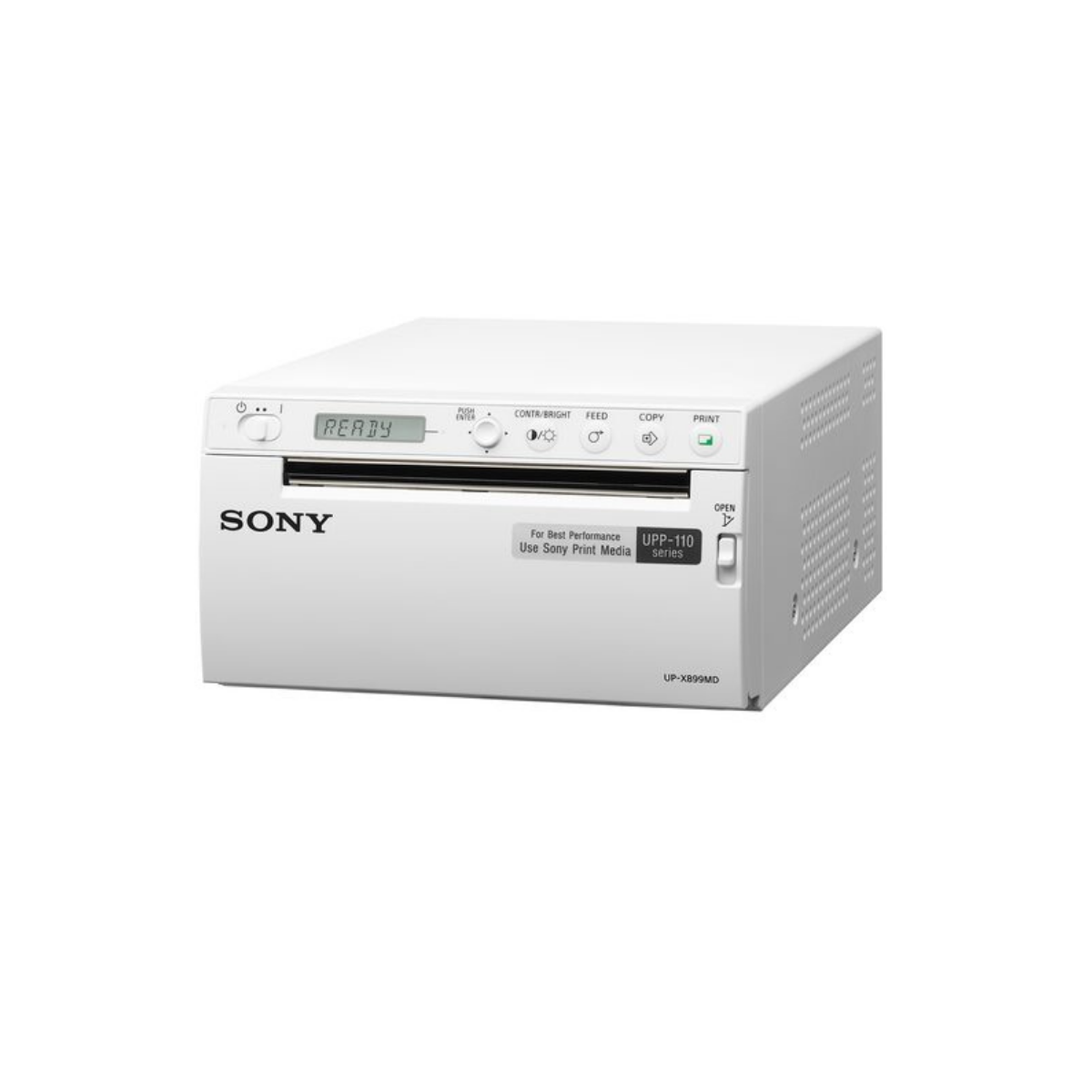 Imprimante thermique A6 noir et blanc Sony UP-X899MD vue trois quarts, format compact pour chariot d’échographie.